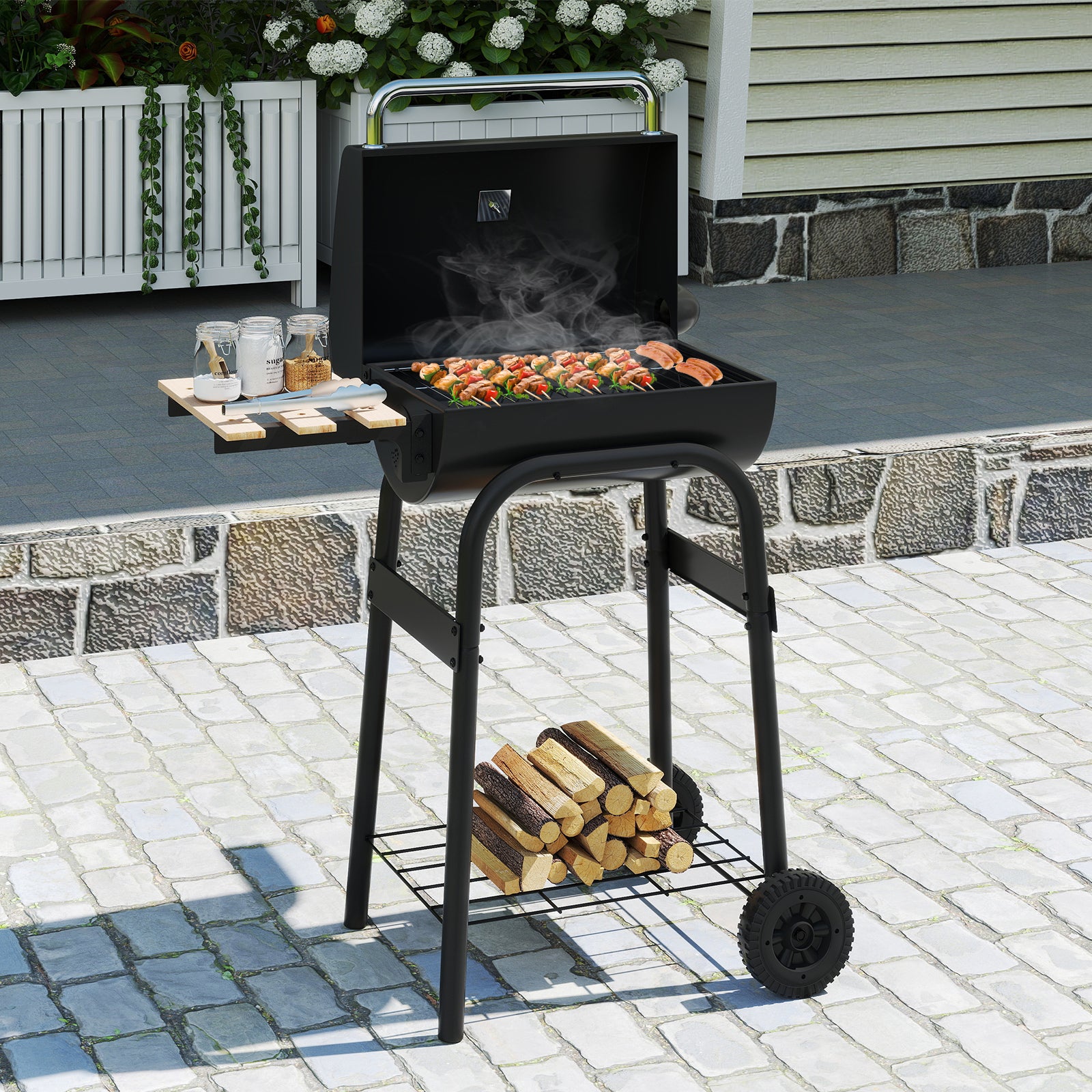 Outdoor Portable Barbecue Grill with Foldable Side Table-Black
