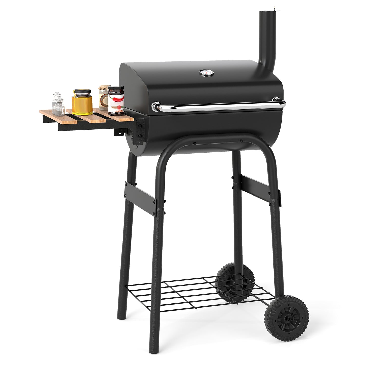 Outdoor Portable Barbecue Grill with Foldable Side Table-Black