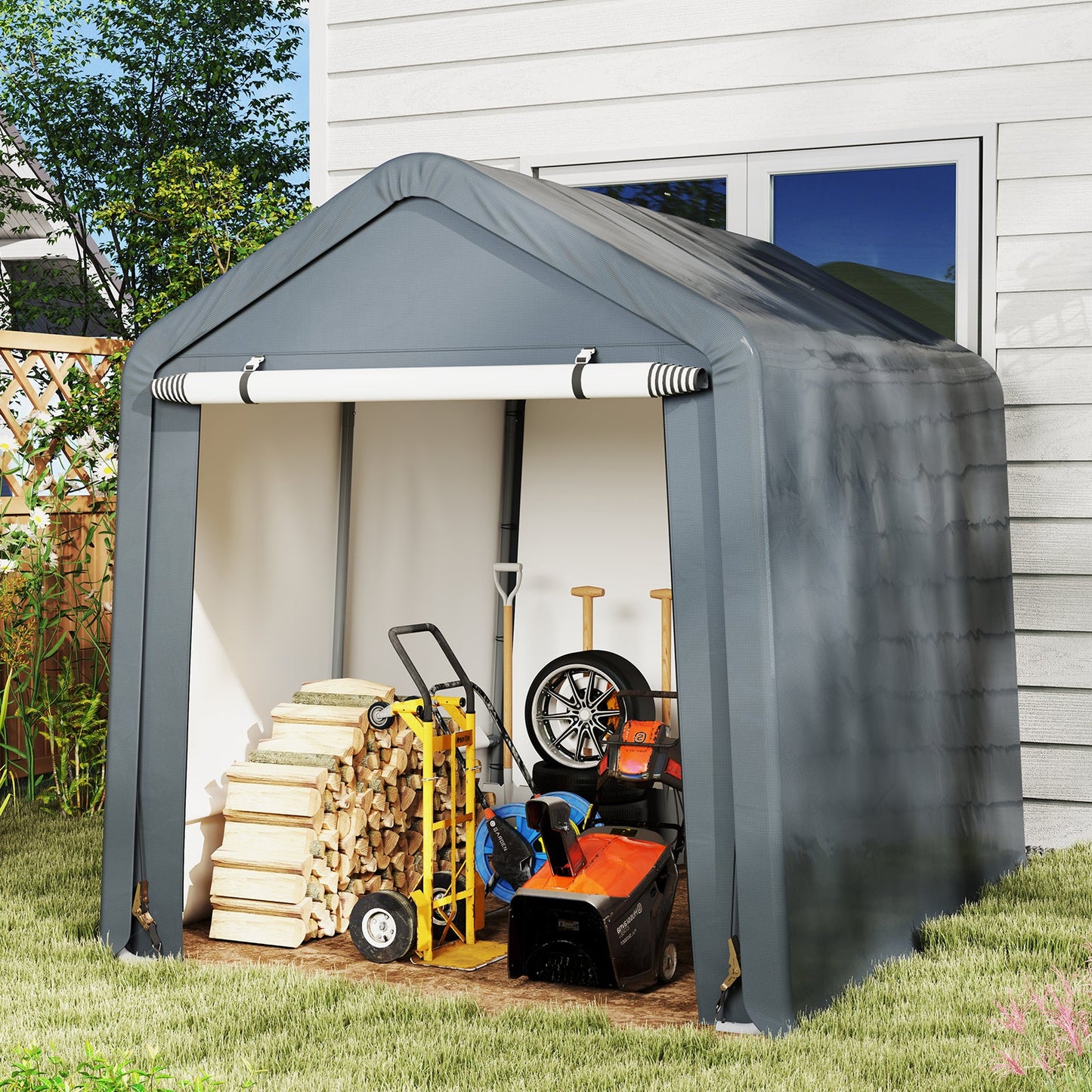 Outdoor Portable Storage Shelter with Roll up Zipper Door-Grey
