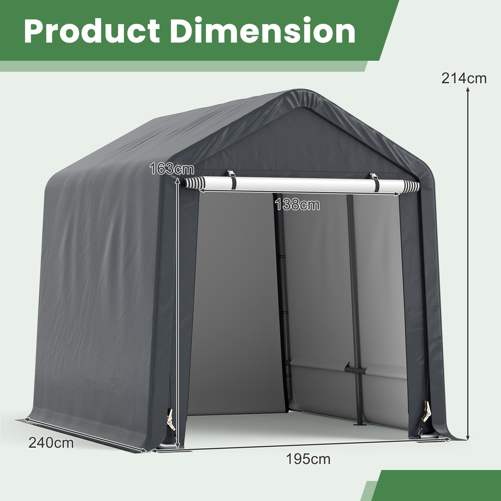 Outdoor Portable Storage Shelter with Roll up Zipper Door-Grey