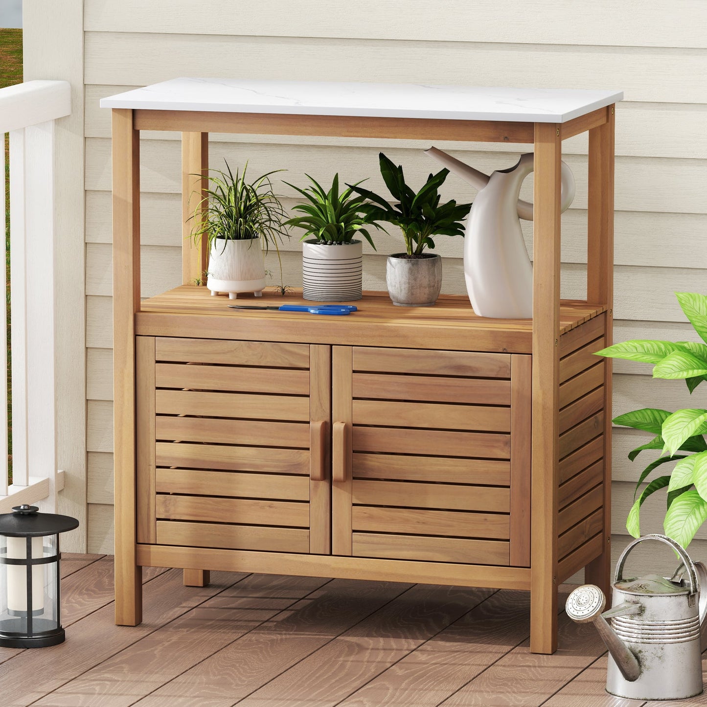 Outdoor Potting Bench with Resin Tabletop and Storage Shelf