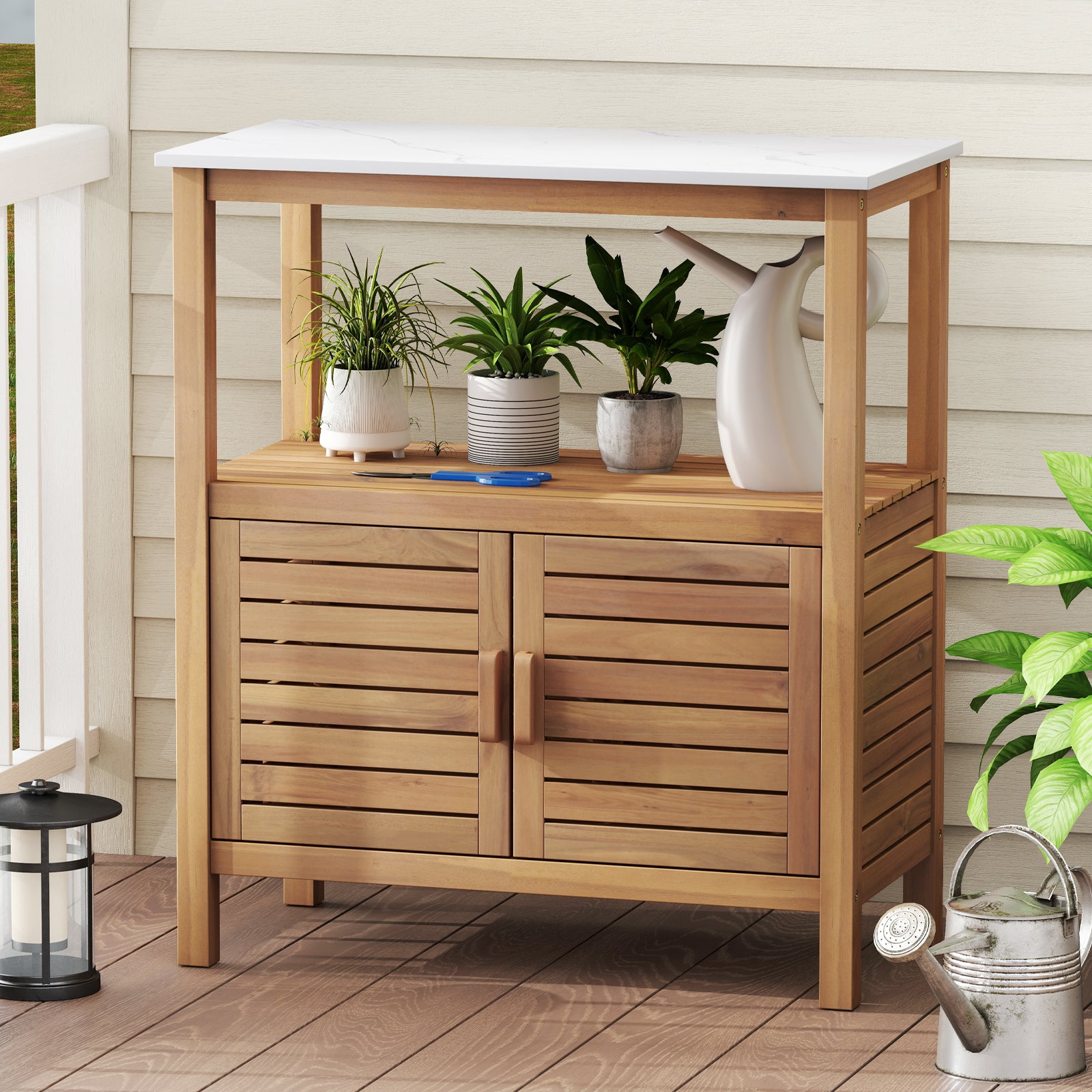 Outdoor Potting Bench with Resin Tabletop and Storage Shelf