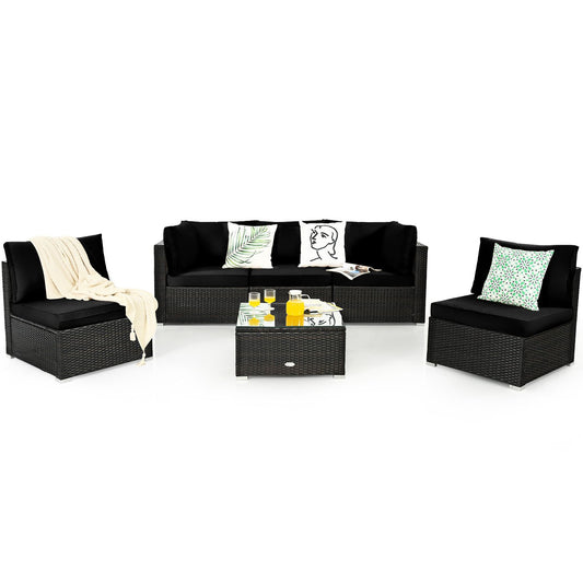 6 Piece Outdoor Rattan Sofa Set with Soft Seat and Back Cushions-Black