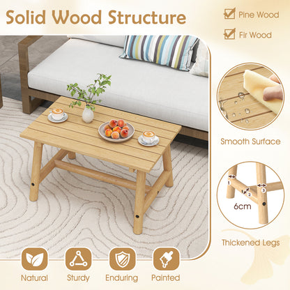 Outdoor Rectangle Coffee Table Solid Wood Patio Table with Slatted Tabletop for Garden Lawn-Natural