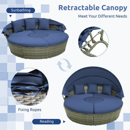 Outdoor Round Daybed with Retractable Canopy for Backyard, Poolside, Lawn-Navy