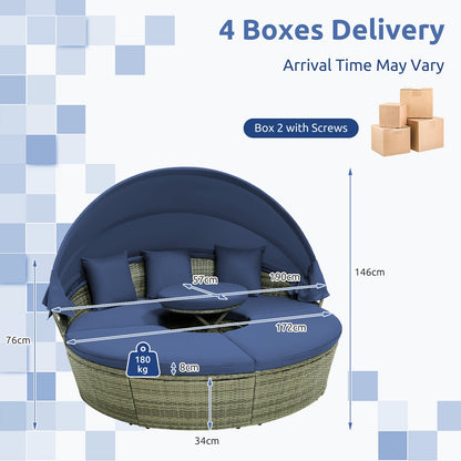 Outdoor Round Daybed with Retractable Canopy for Backyard, Poolside, Lawn-Navy