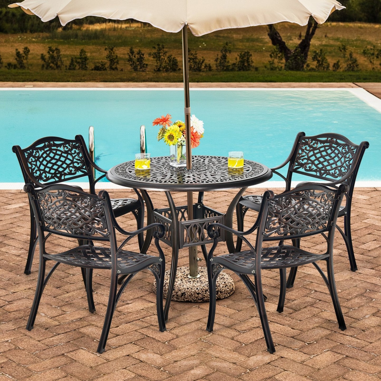 91cm Outdoor Round Dining Table with 5cm Umbrella Pole Hole-Copper