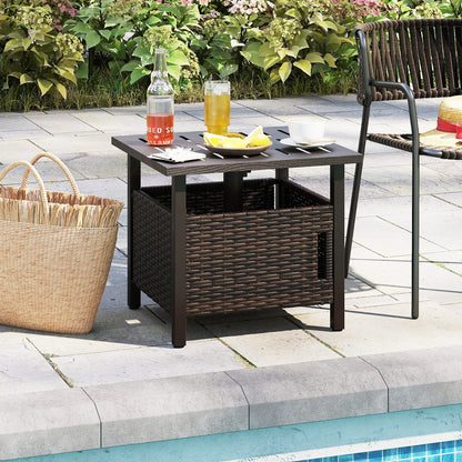 Outdoor Side Table with 2 Weighted Sand Bags and 4.9cm Umbrella Hole-Brown