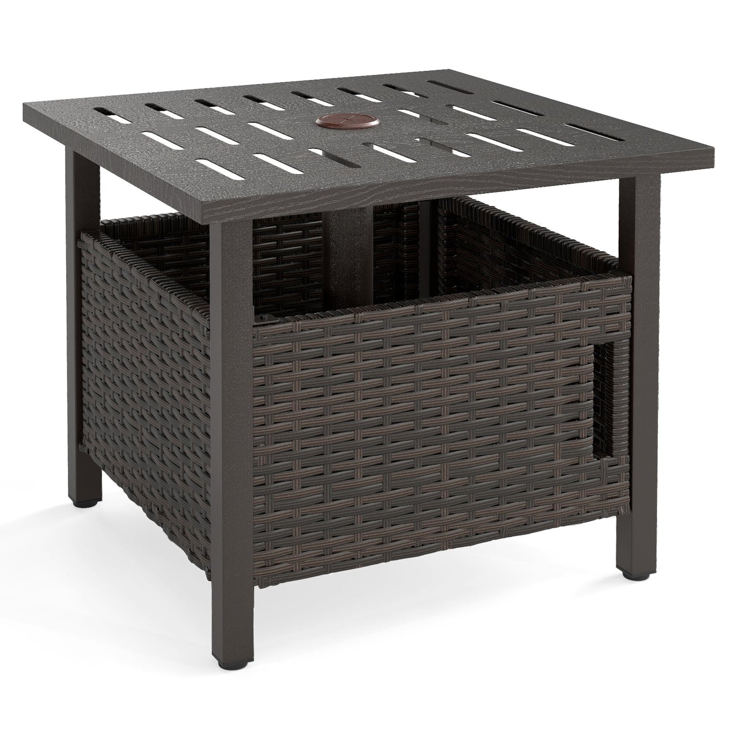 Outdoor Side Table with 2 Weighted Sand Bags and 4.9cm Umbrella Hole-Brown