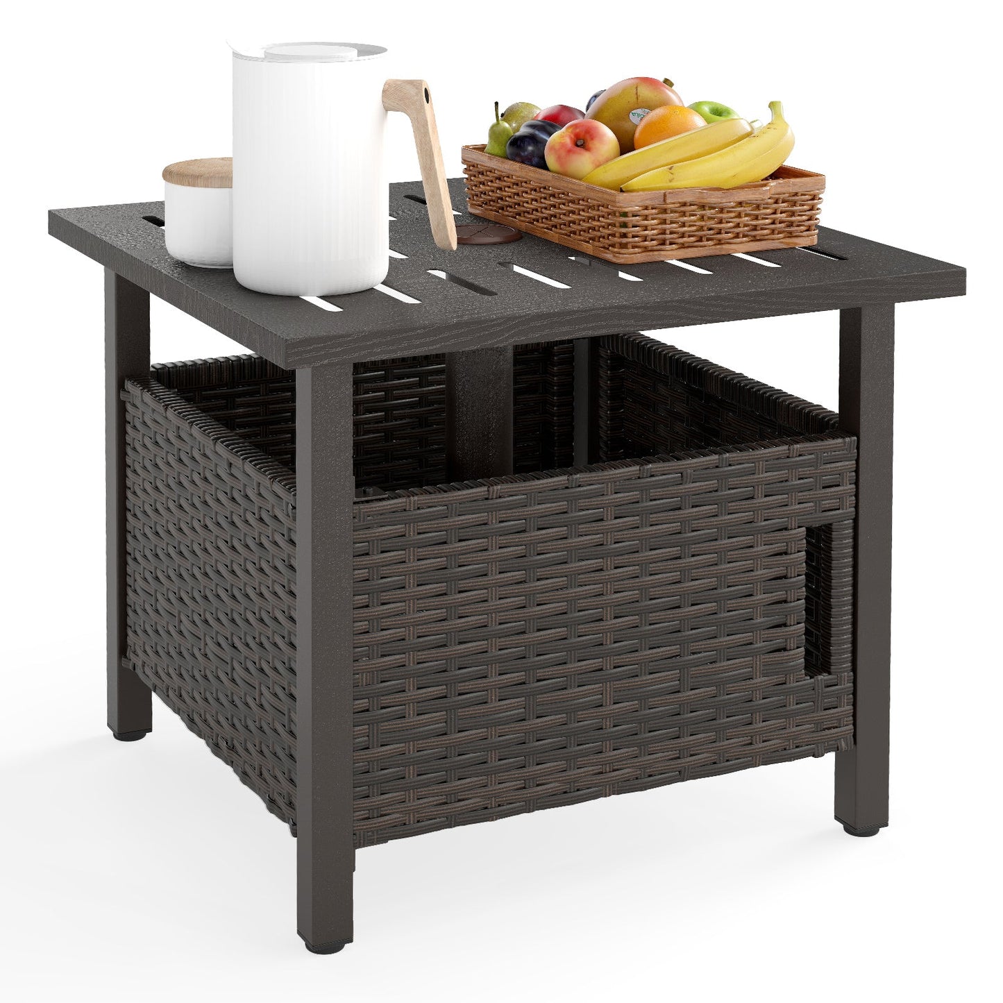 Outdoor Side Table with 2 Weighted Sand Bags and 4.9cm Umbrella Hole-Brown