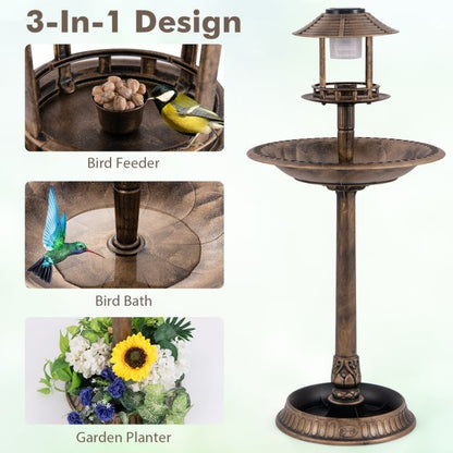 Outdoor Solar Lighted Bird Bath with Flower Planter Base-Antique