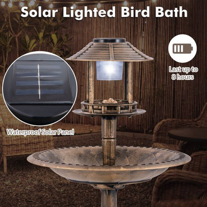 Outdoor Solar Lighted Bird Bath with Flower Planter Base-Antique
