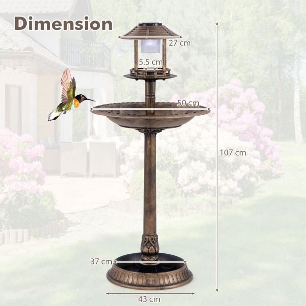 Outdoor Solar Lighted Bird Bath with Flower Planter Base-Antique