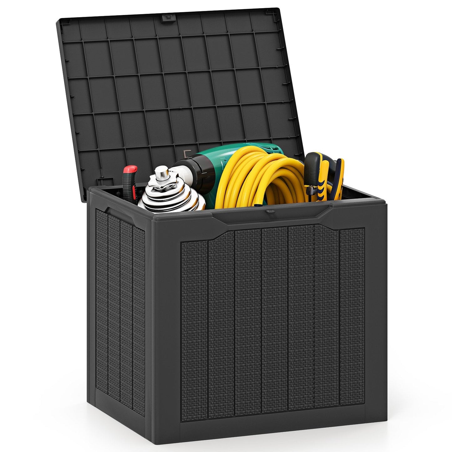 96L Outdoor Storage Box with Lockable Lid and Wicker-woven Texture-Black