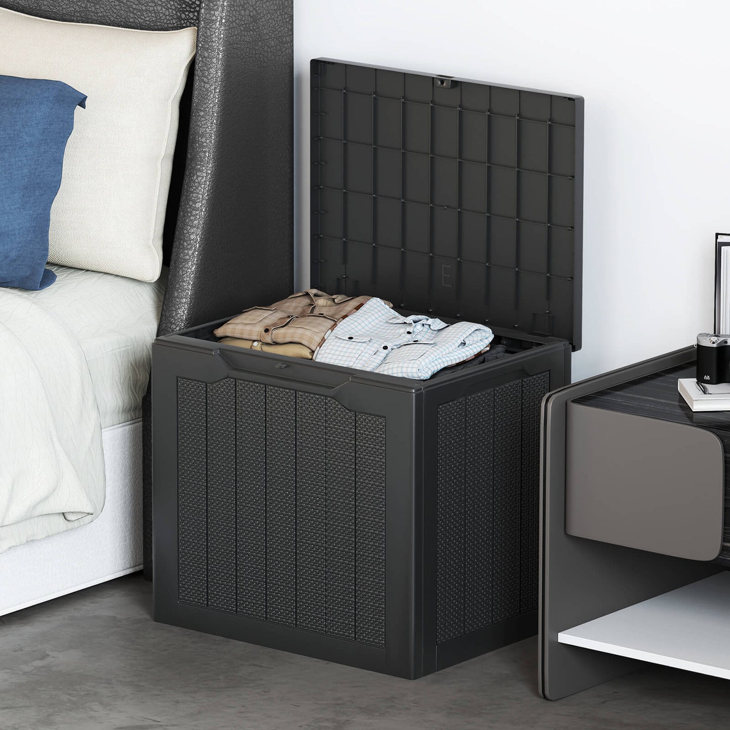 96L Outdoor Storage Box with Lockable Lid and Wicker-woven Texture-Black