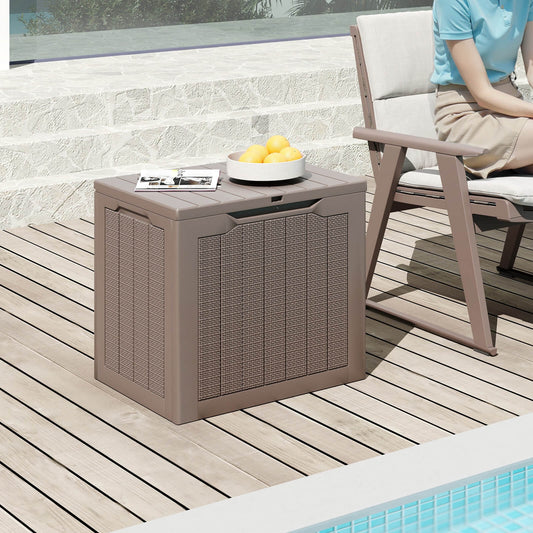 96L Outdoor Storage Box with Lockable Lid and Wicker-woven Texture-Brown