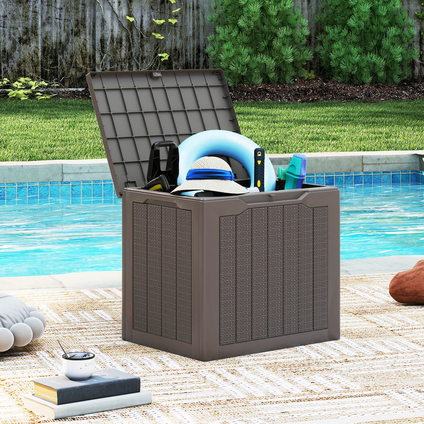 96L Outdoor Storage Box with Lockable Lid and Wicker-woven Texture-Brown