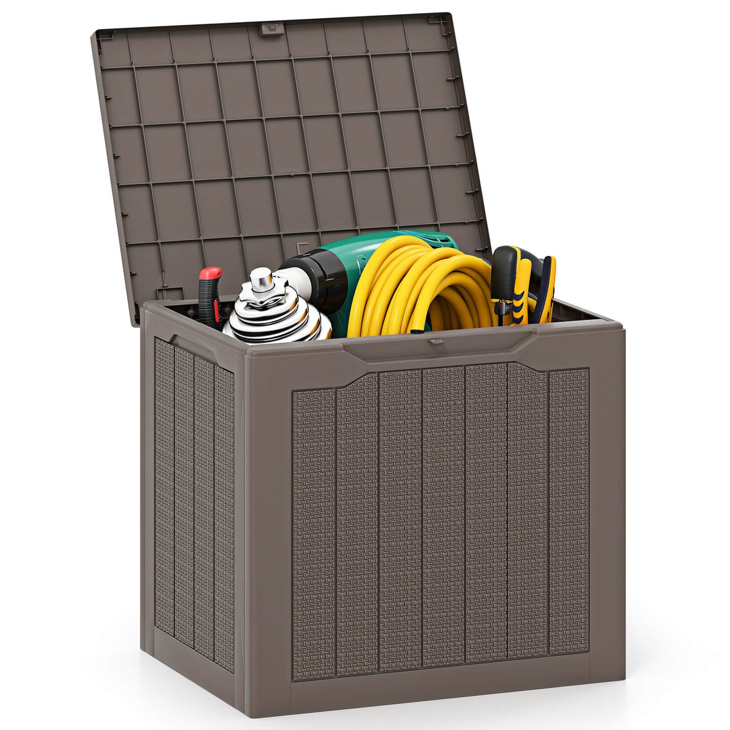 96L Outdoor Storage Box with Lockable Lid and Wicker-woven Texture-Brown