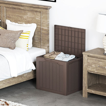 96L Outdoor Storage Box with Lockable Lid and Wicker-woven Texture-Brown