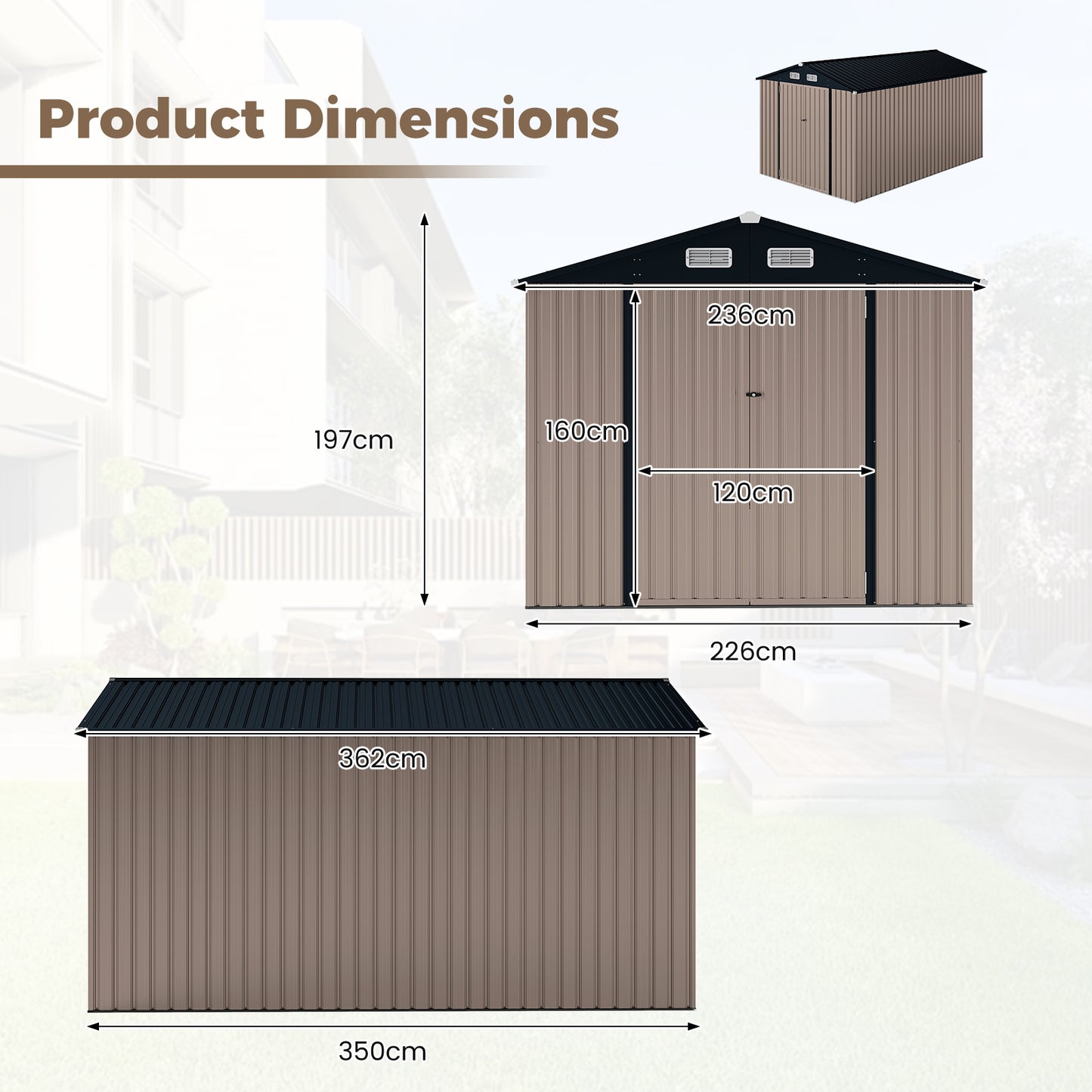 Outdoor Storage Shed Large Utility Tool House with Top Sloping Design-Grey