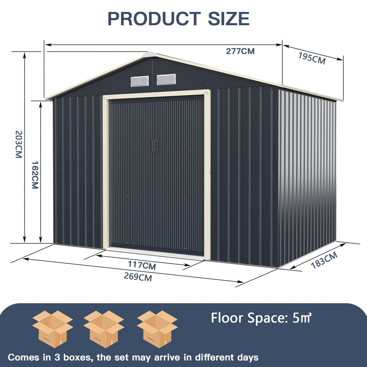 Outdoor Storage Shed with 4 Vents and Double Sliding Door-Size 2