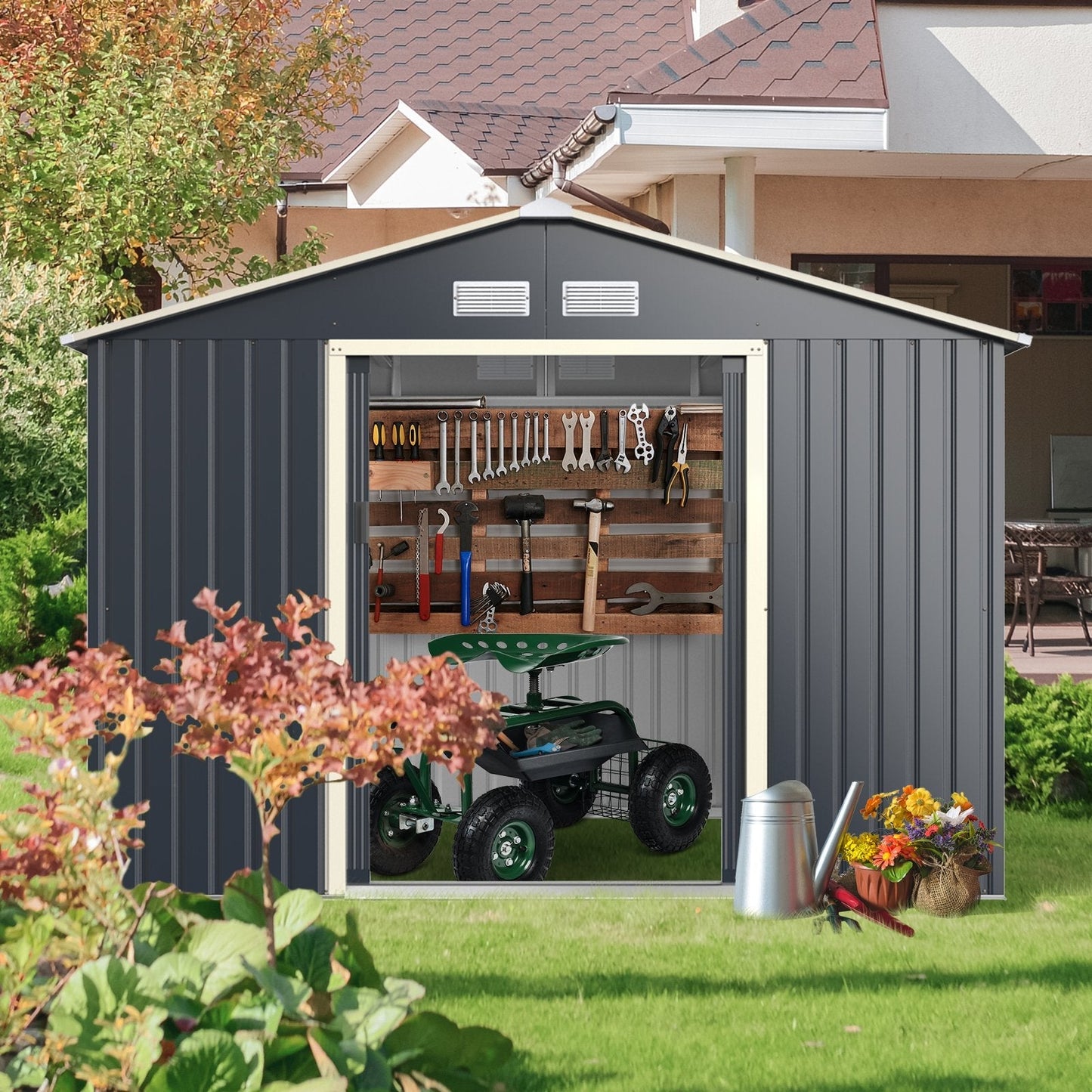 Outdoor Storage Shed with 4 Vents and Double Sliding Door-Size 2