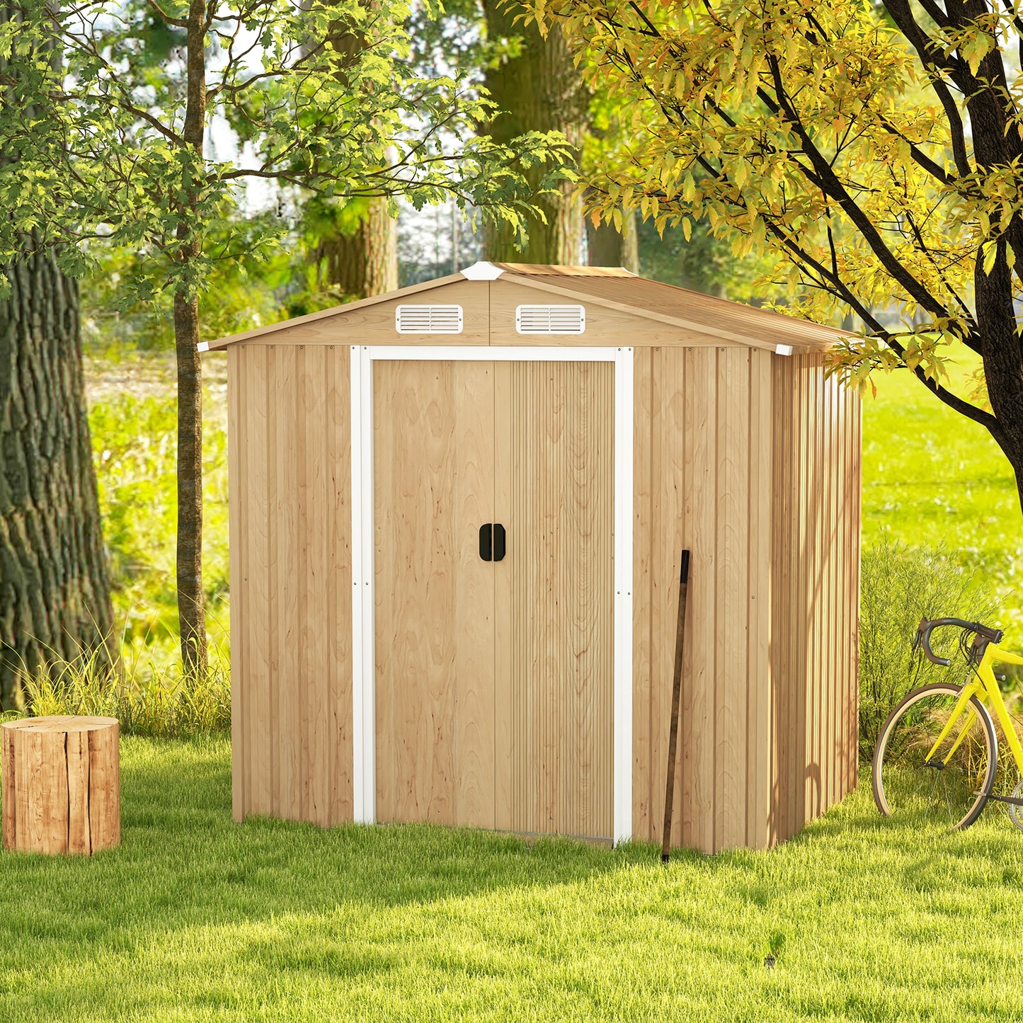 Outdoor Storage Shed with 4 Vents and Lockable Doors-Natural