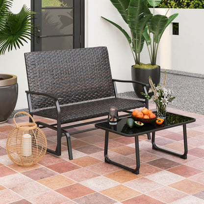 Outdoor Swing Glider Bench 2-Person Rattan Woven Glider Loveseat-Brown
