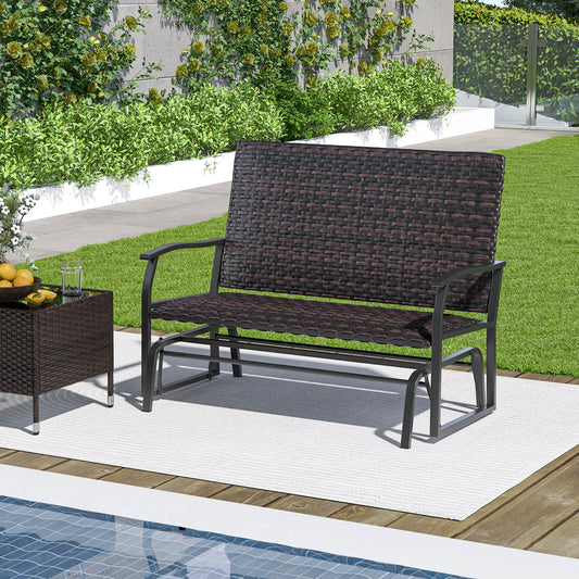 Outdoor Swing Glider Bench 2-Person Rattan Woven Glider Loveseat-Brown