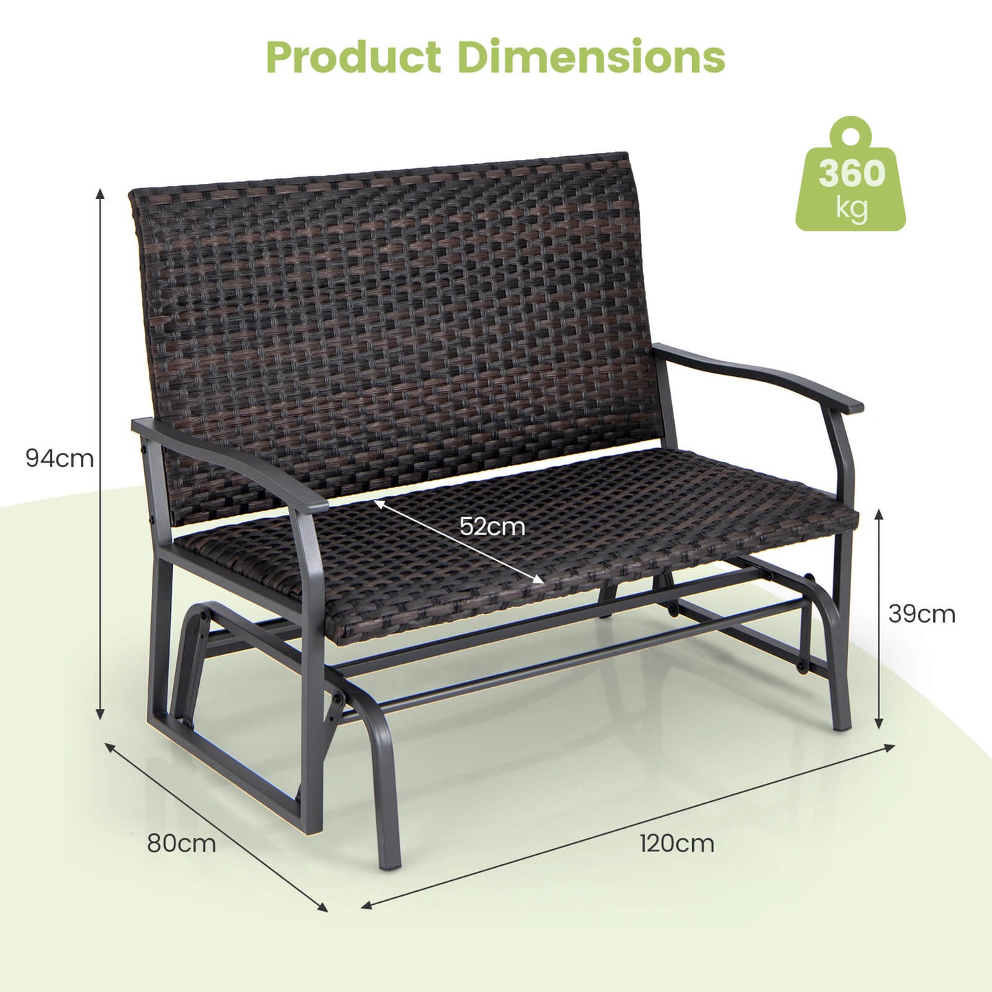 Outdoor Swing Glider Bench 2-Person Rattan Woven Glider Loveseat-Brown