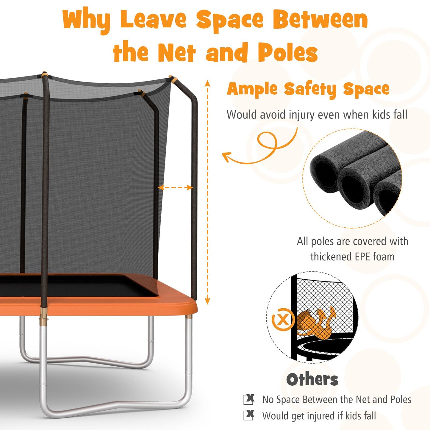 8 FT x 14 FT Rectangular Trampoline with Enclosure Net-Orange