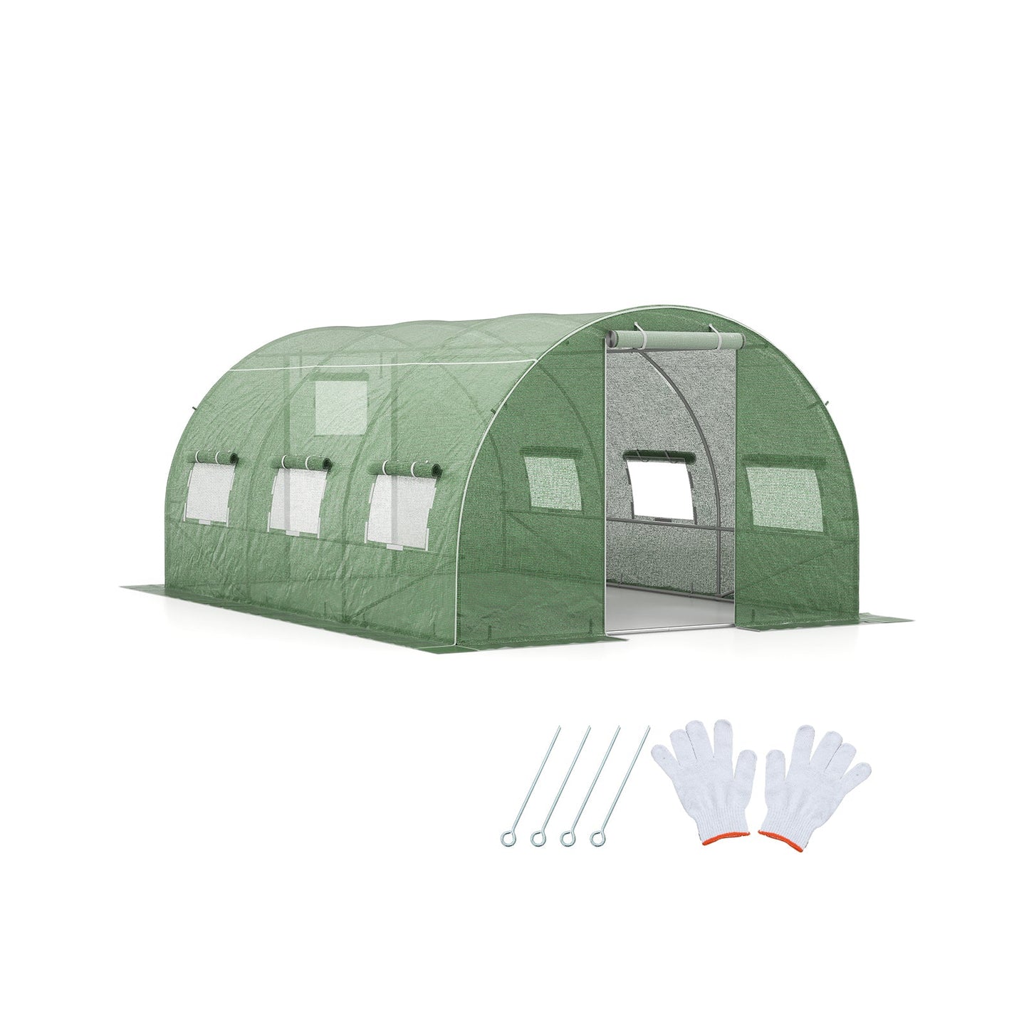 400 x 300 x 200 cm Outdoor Walk-in Tunnel Greenhouse 8 Roll-up Windows-Green