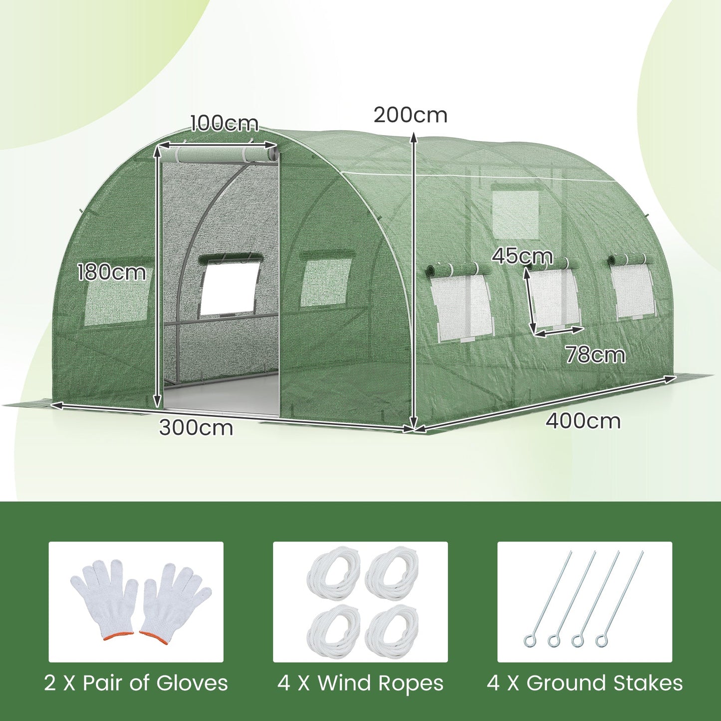 400 x 300 x 200 cm Outdoor Walk-in Tunnel Greenhouse 8 Roll-up Windows-Green