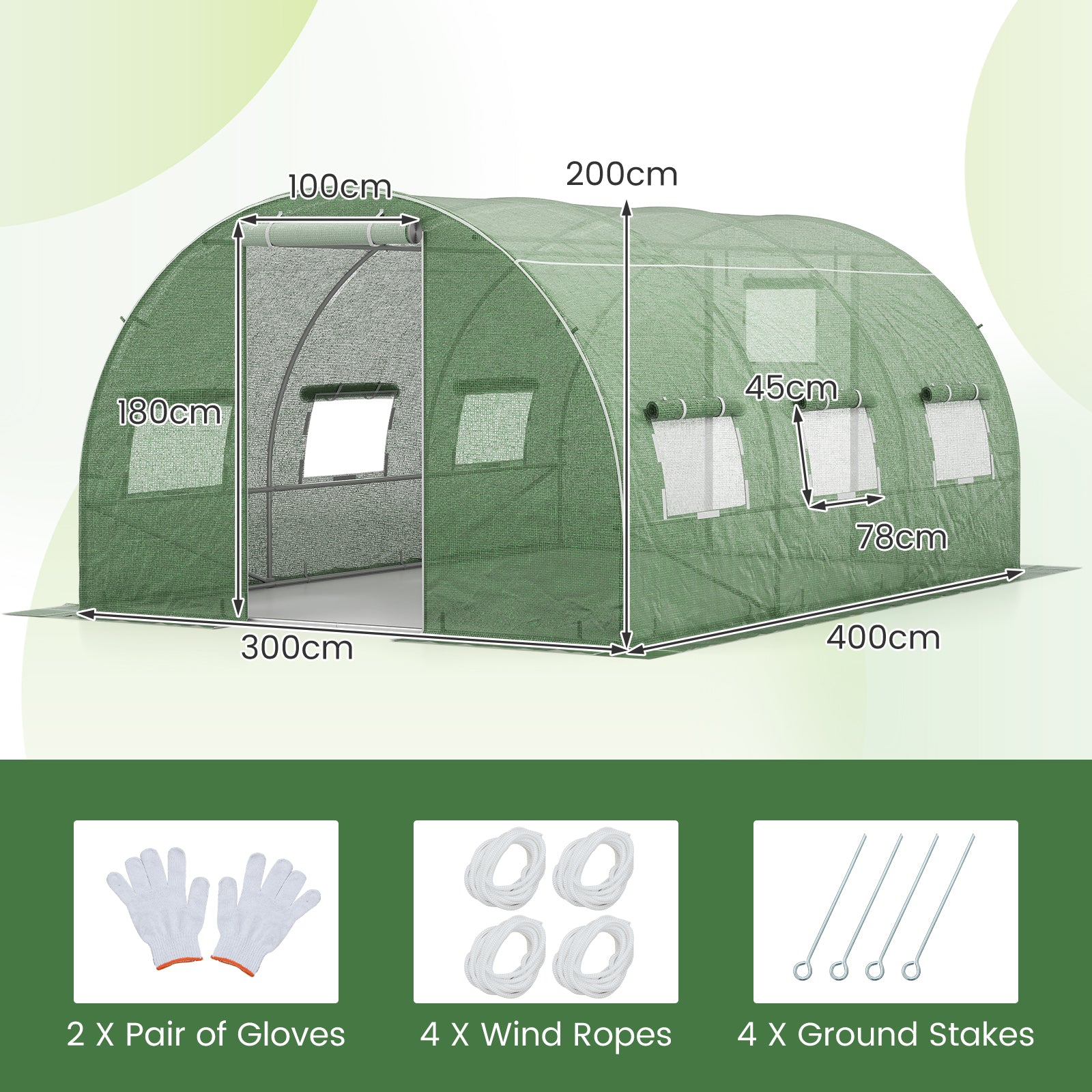 400 x 300 x 200 cm Outdoor Walk-in Tunnel Greenhouse 8 Roll-up Windows-Green