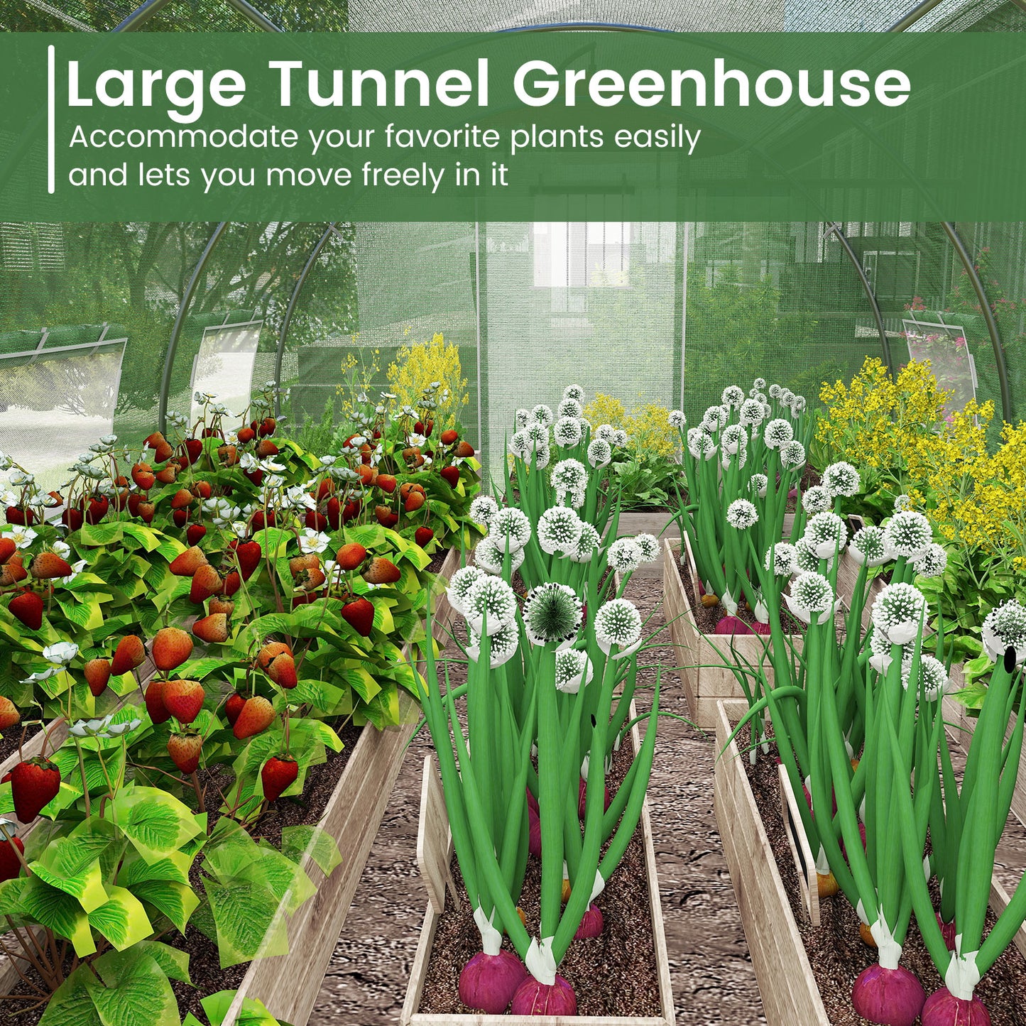 400 x 300 x 200 cm Outdoor Walk-in Tunnel Greenhouse 8 Roll-up Windows-Green