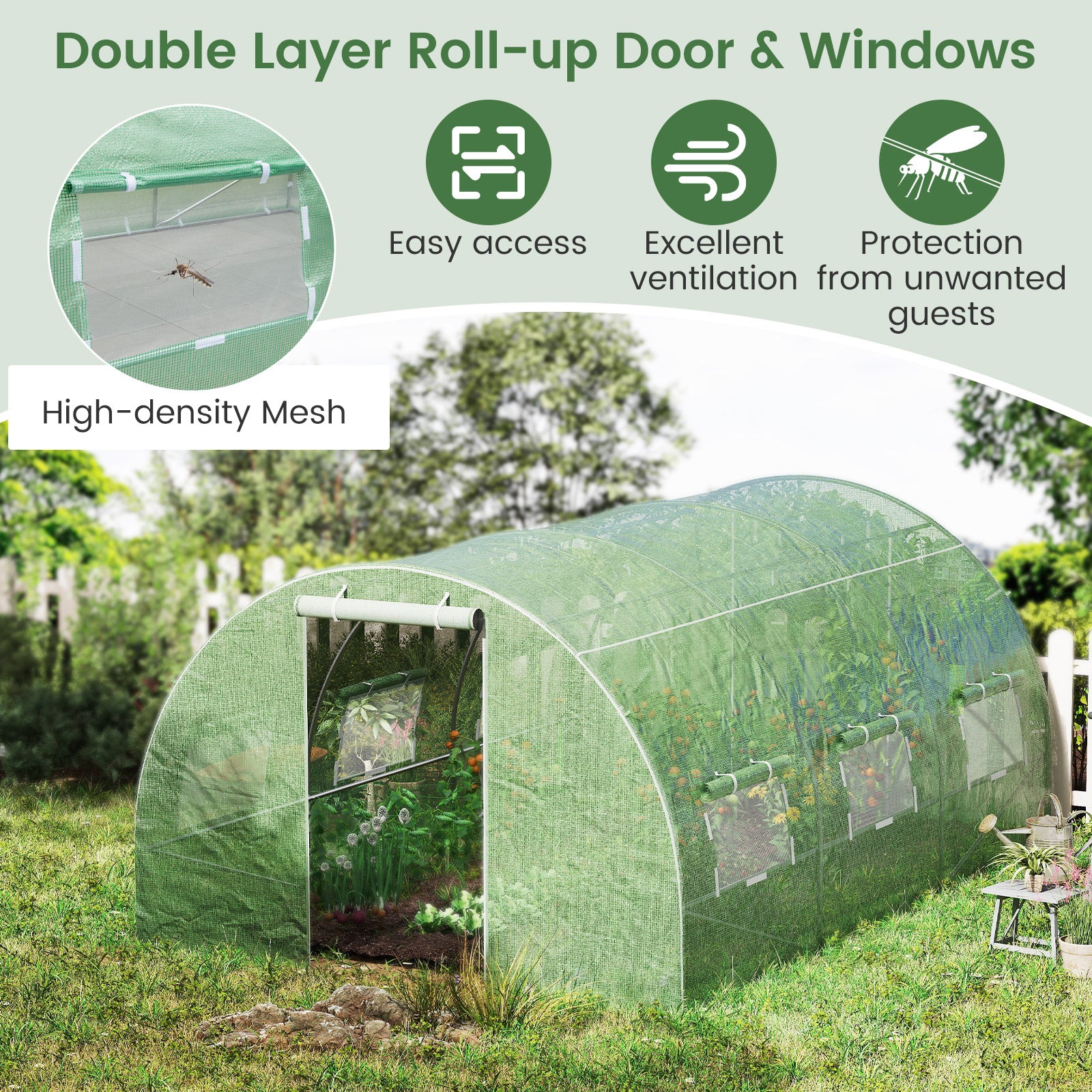 400 x 300 x 200 cm Outdoor Walk-in Tunnel Greenhouse 8 Roll-up Windows-Green
