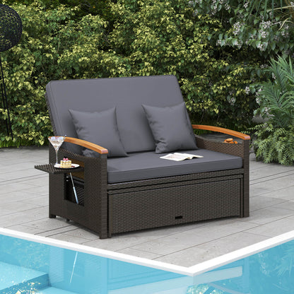 Outdoor Wicker Daybed Rattan Woven Loveseat with Storage Ottoman-Grey