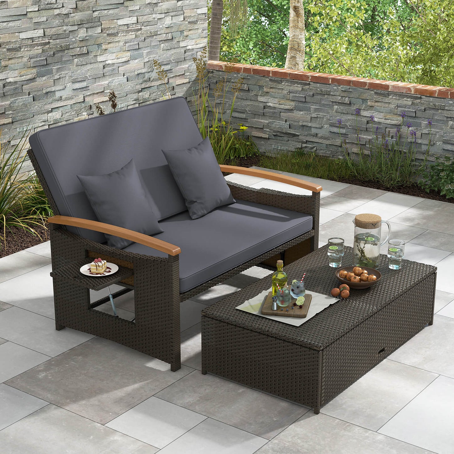 Outdoor Wicker Daybed Rattan Woven Loveseat with Storage Ottoman-Grey