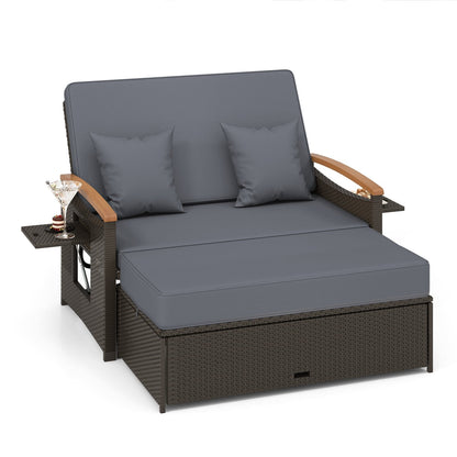 Outdoor Wicker Daybed Rattan Woven Loveseat with Storage Ottoman-Grey