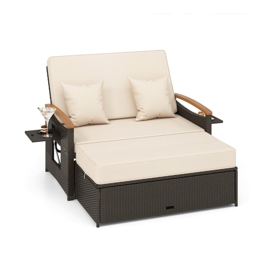 Outdoor Wicker Daybed Rattan Woven Loveseat with Storage Ottoman-Beige