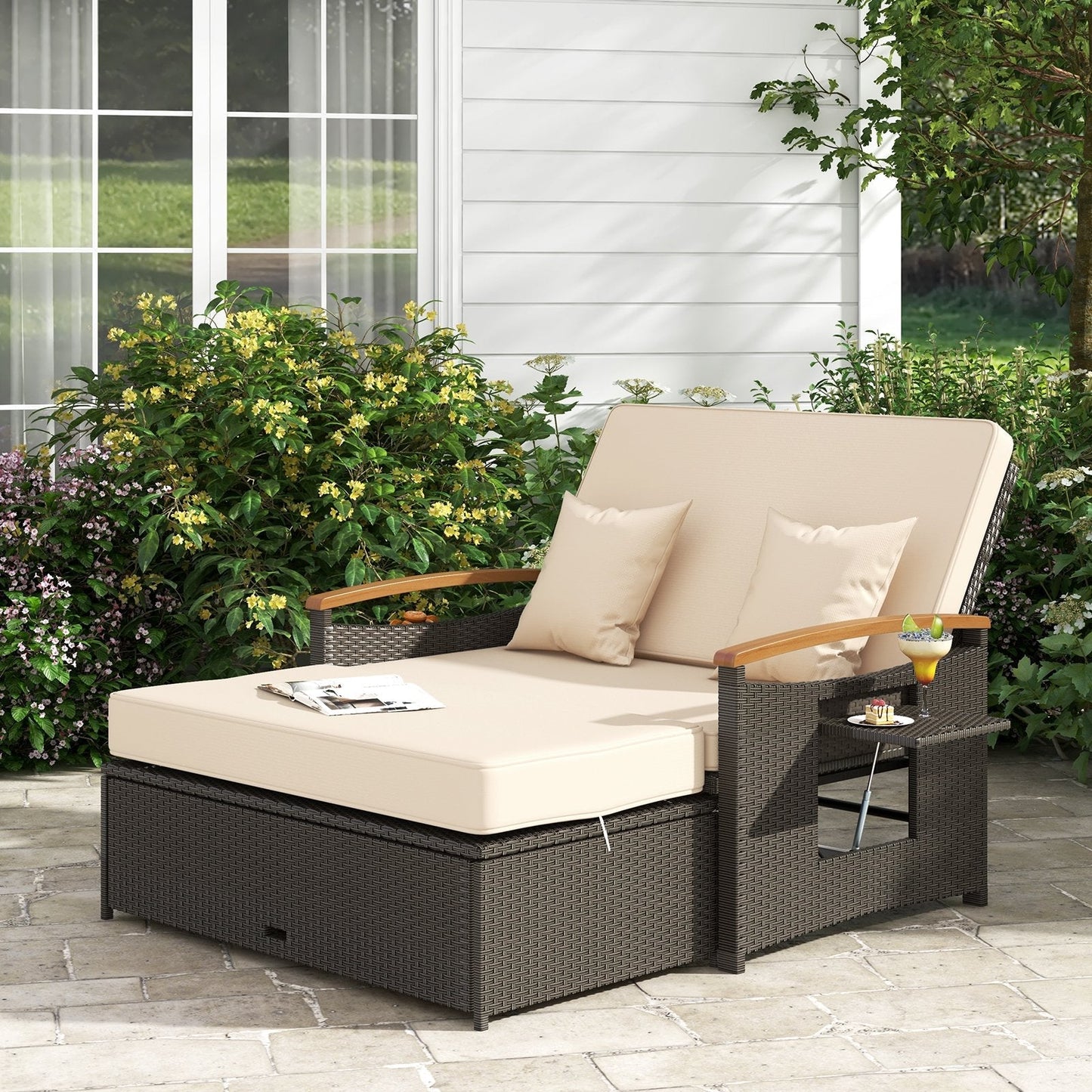 Outdoor Wicker Daybed Rattan Woven Loveseat with Storage Ottoman-Beige