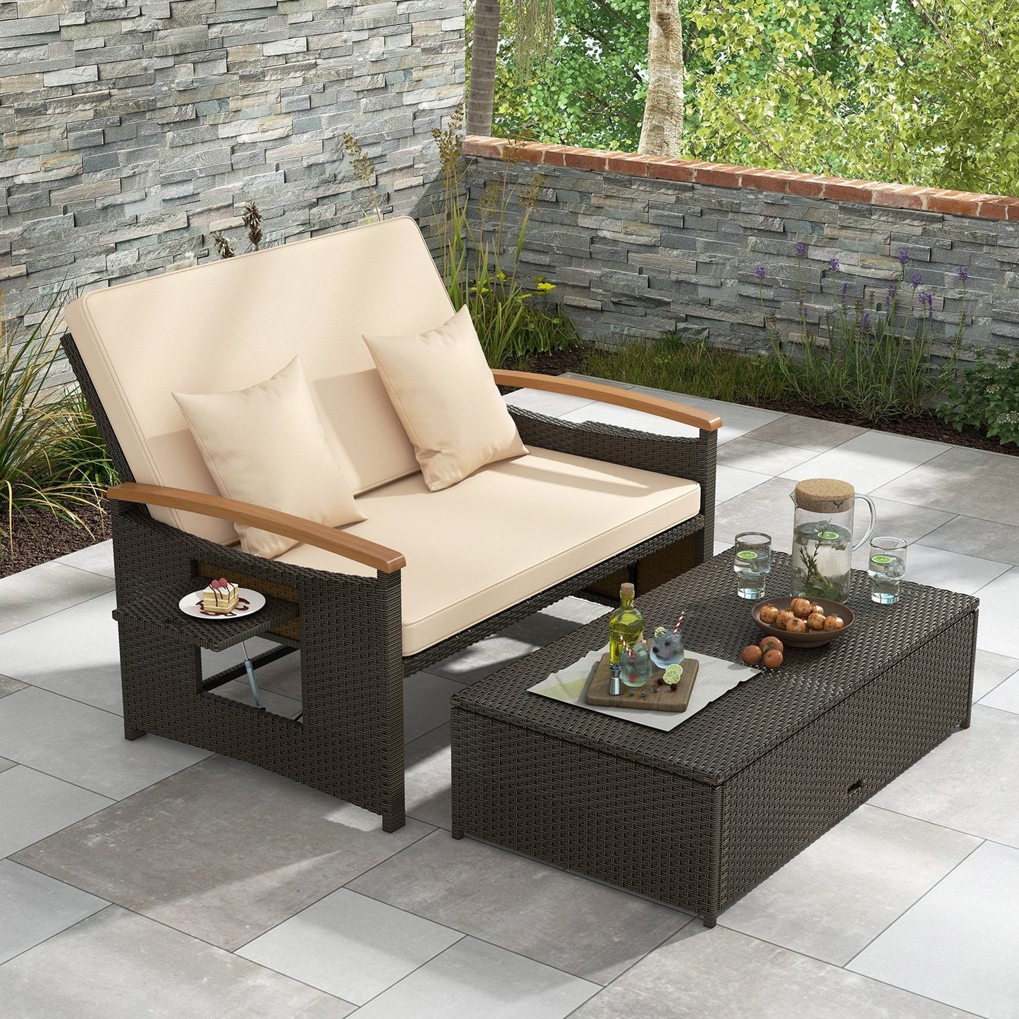 Outdoor Wicker Daybed Rattan Woven Loveseat with Storage Ottoman-Beige