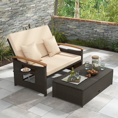 Outdoor Wicker Daybed Rattan Woven Loveseat with Storage Ottoman-Beige