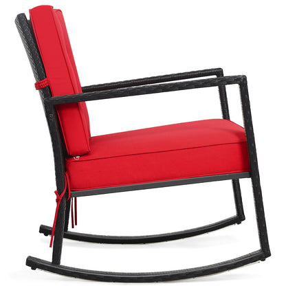 Outdoor Wicker Rocking Chair with Heavy-Duty Steel Frame-Red