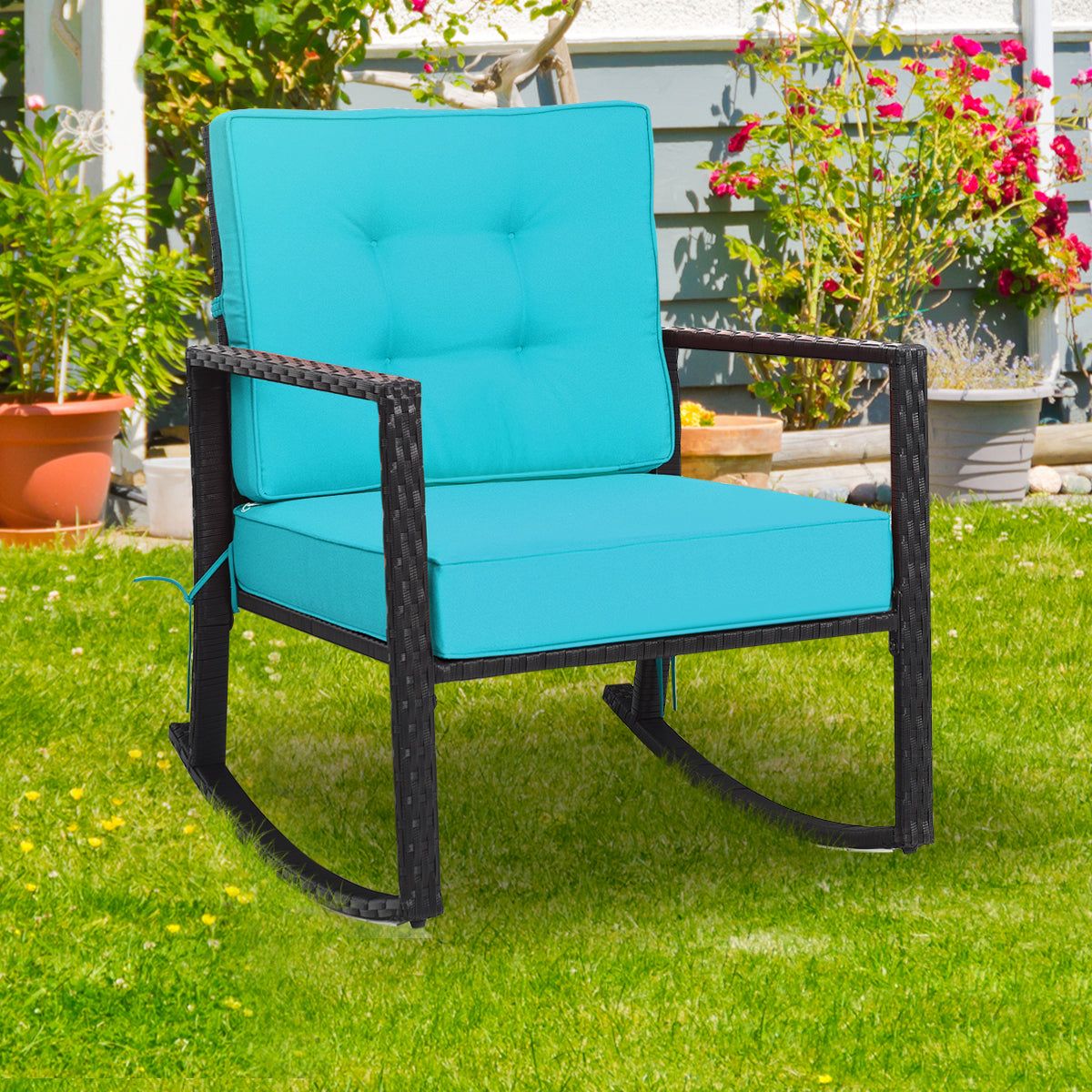 Outdoor Wicker Rocking Chair with Heavy-Duty Steel Frame-Turquoise