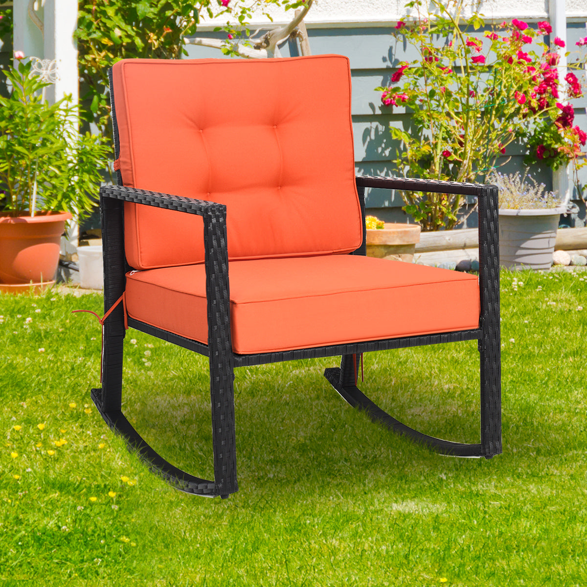 Outdoor Wicker Rocking Chair with Heavy-Duty Steel Frame-Orange