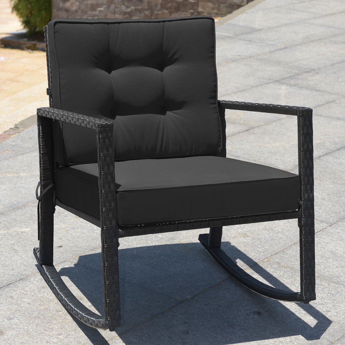 Outdoor Wicker Rocking Chair with Heavy-Duty Steel Frame-Black
