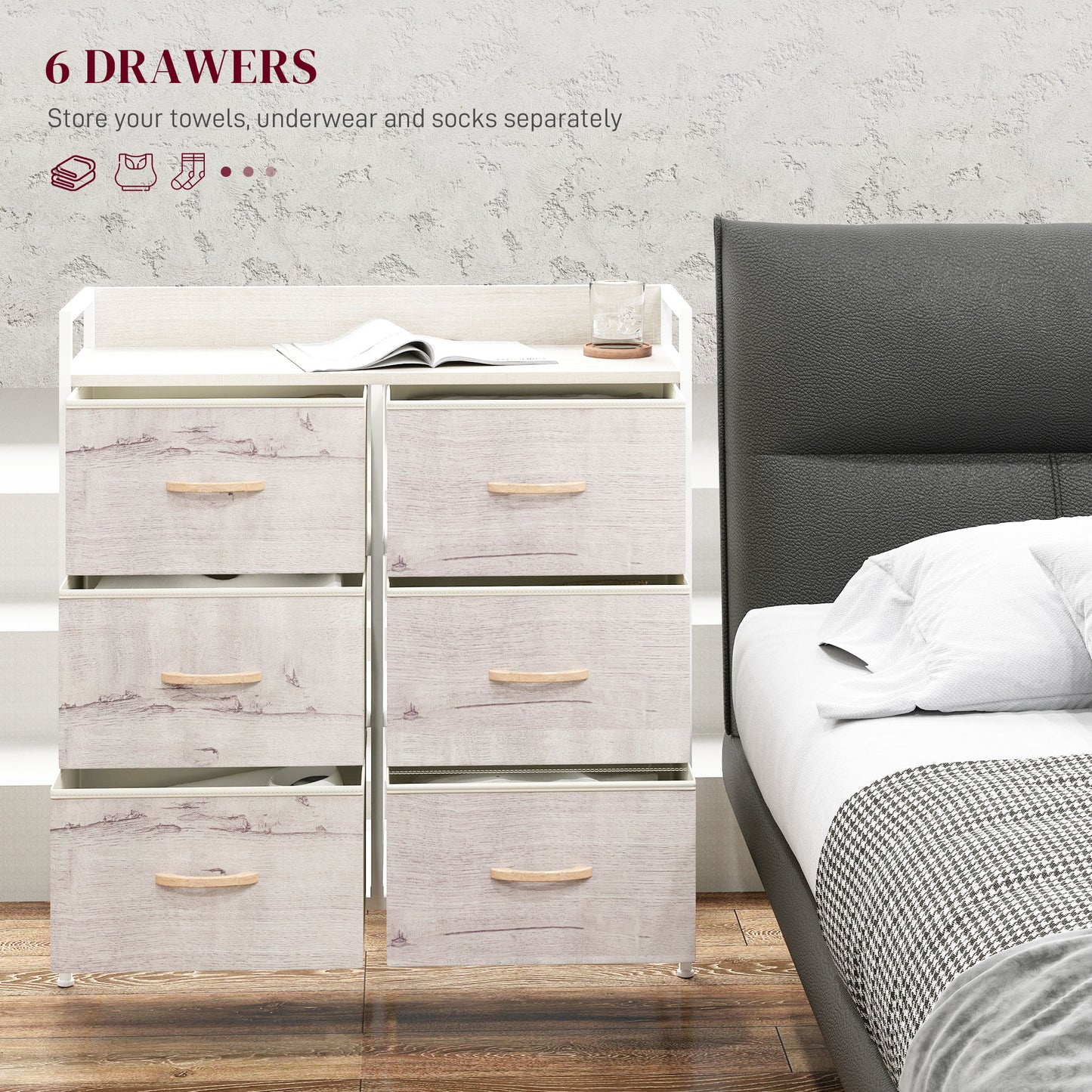 HOMCOM Rustic Chest of Six Fabric Drawers - Natural