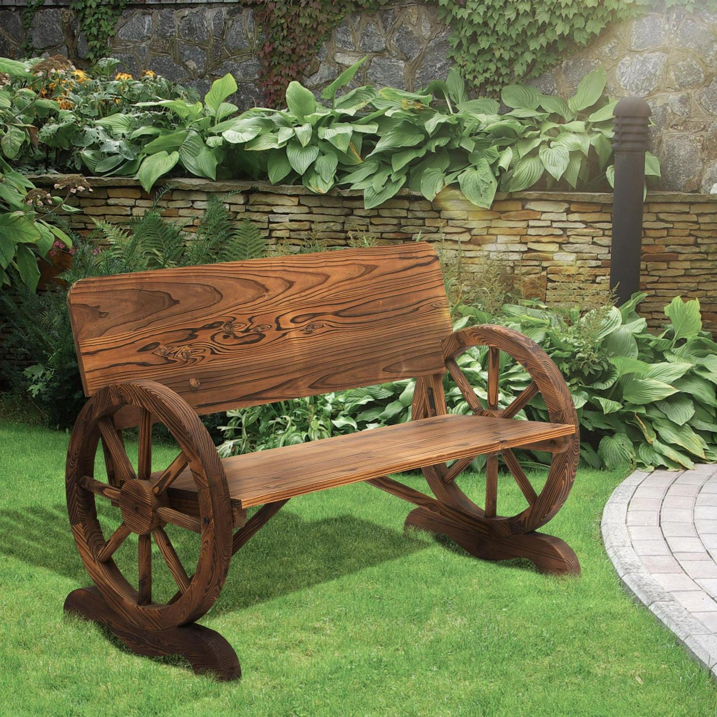 Outsunny Fir Wood 2-Seater Outdoor Garden Wagon Wheel Bench