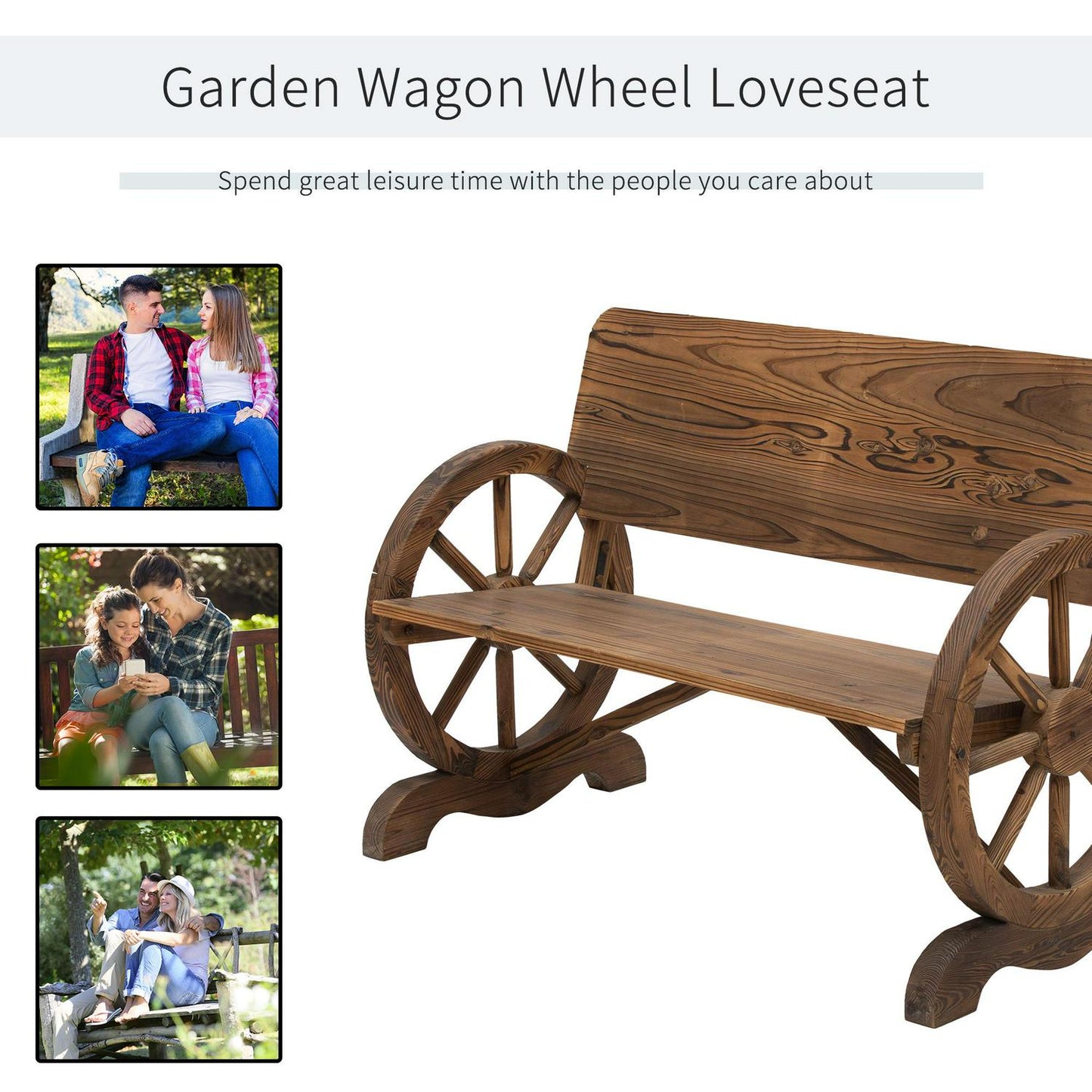 Outsunny Fir Wood 2-Seater Outdoor Garden Wagon Wheel Bench